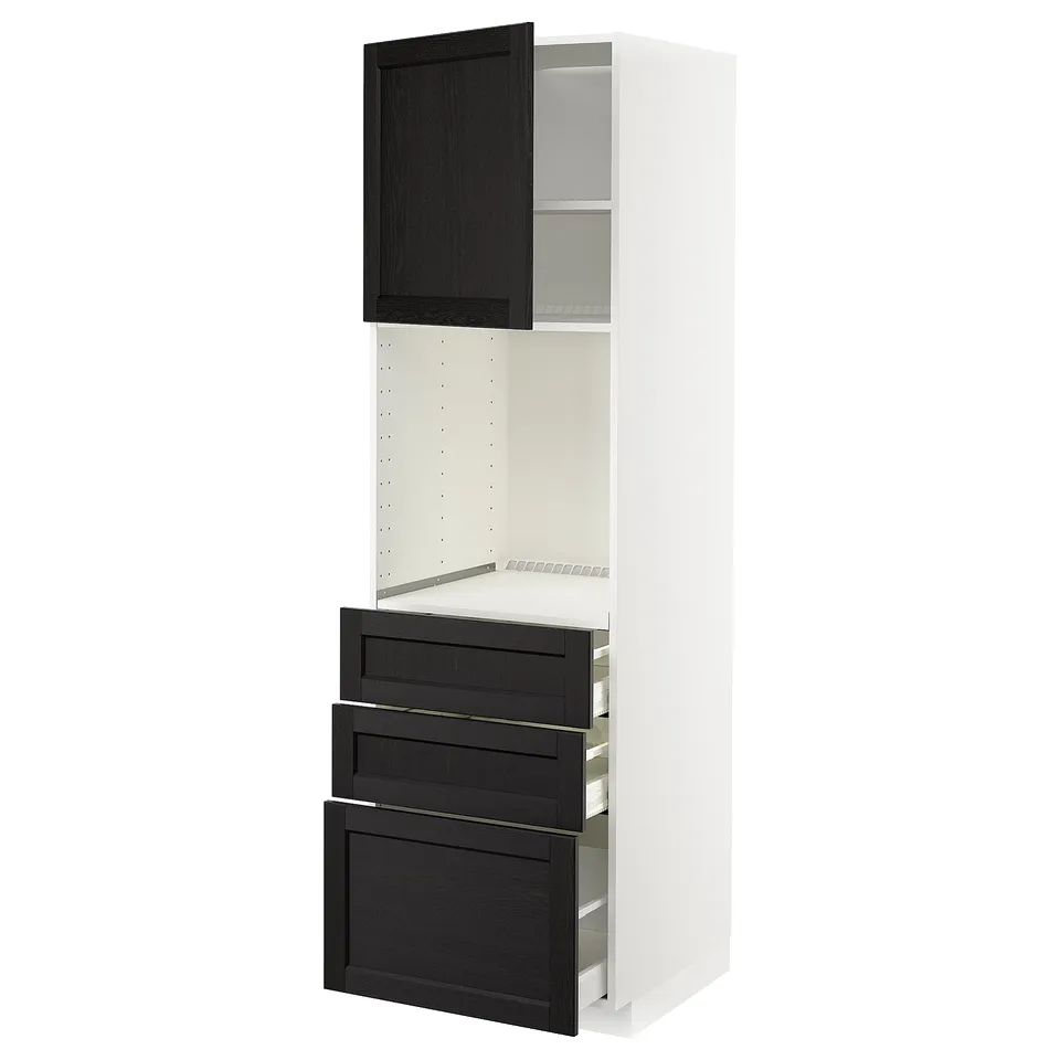 A white METOD kitchen cabinet with black stained wooden drawers and a door. It has a modern, minimalist design with three open drawers.