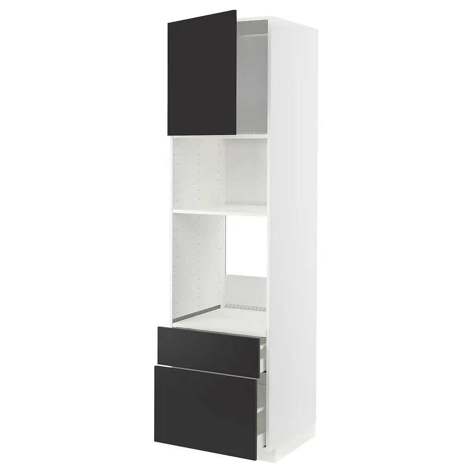 METOD kitchen unit with black nickebo doors, white shelves, adjustable shelves, soft-close drawers.
