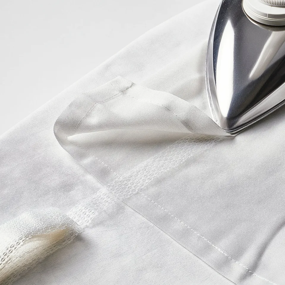 An iron pressing sheer white curtain, showcasing its ability to be easily ironed for crisp, wrinkle-free use.