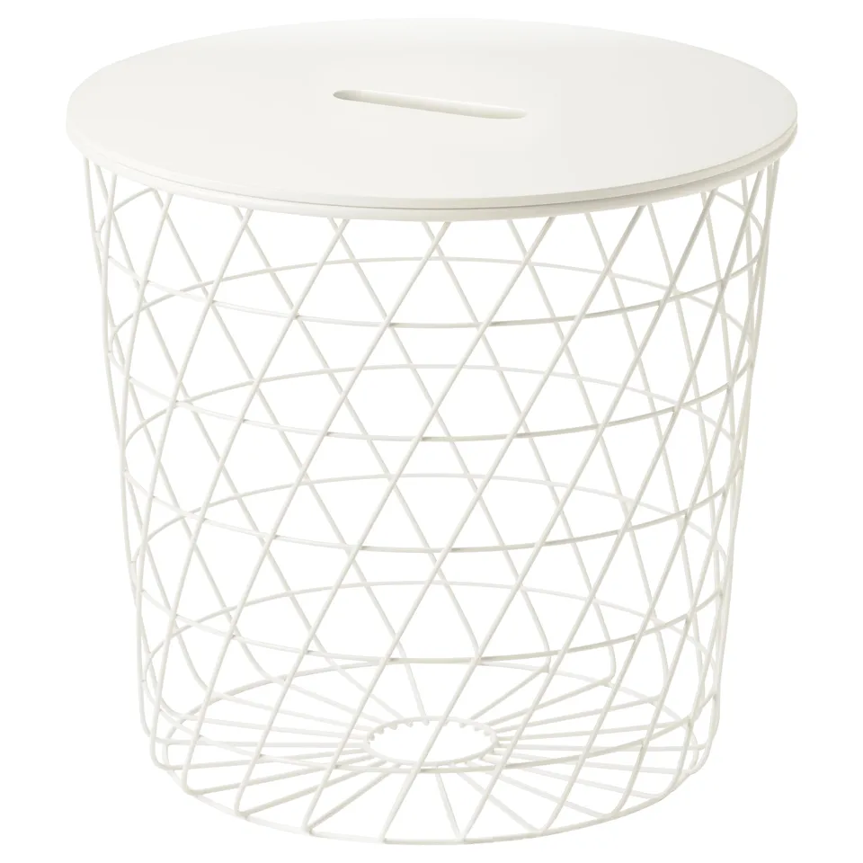A KVISTBRO white wire basket table with a top. The circular shape a geometric lattice design for storage.