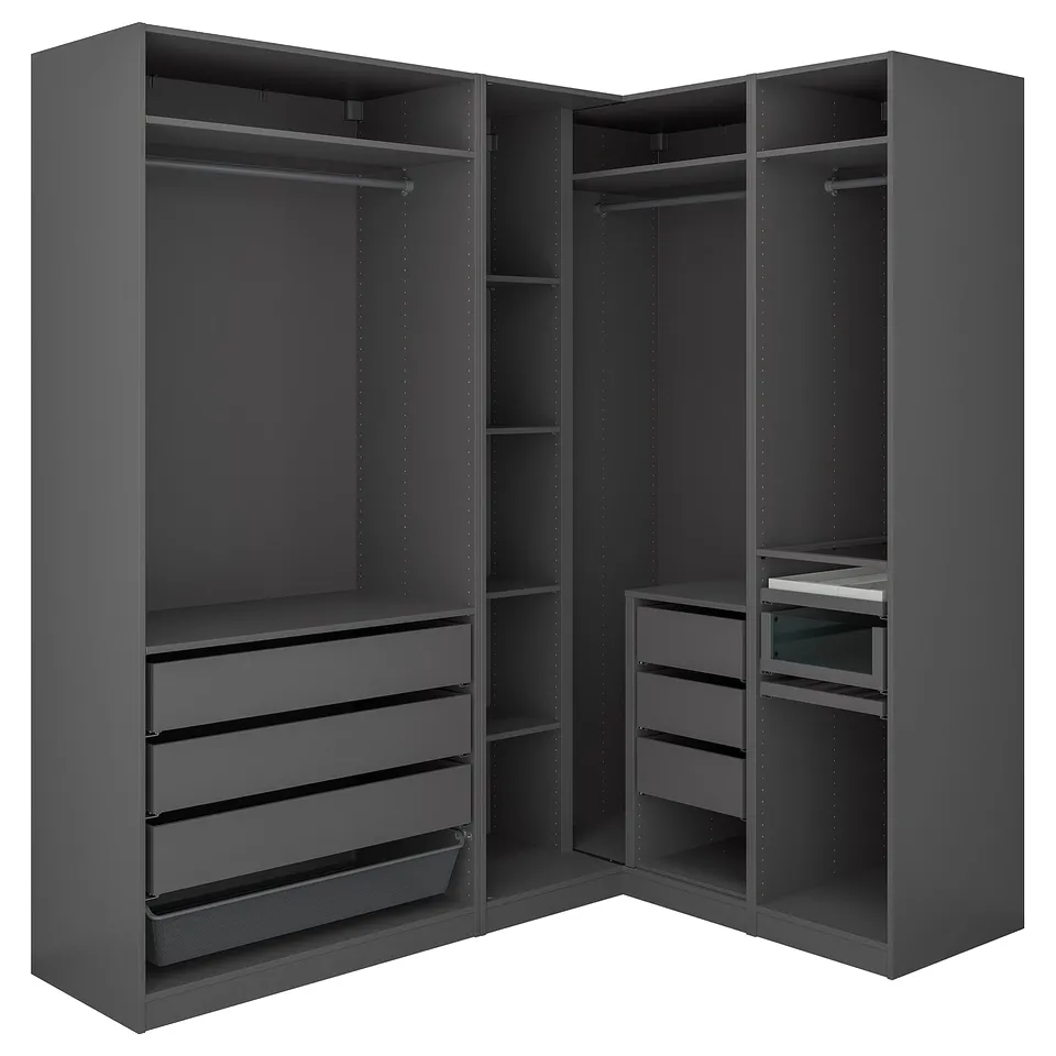 Modern dark grey l-shaped wardrobe with drawers, shelves, and hanging space.