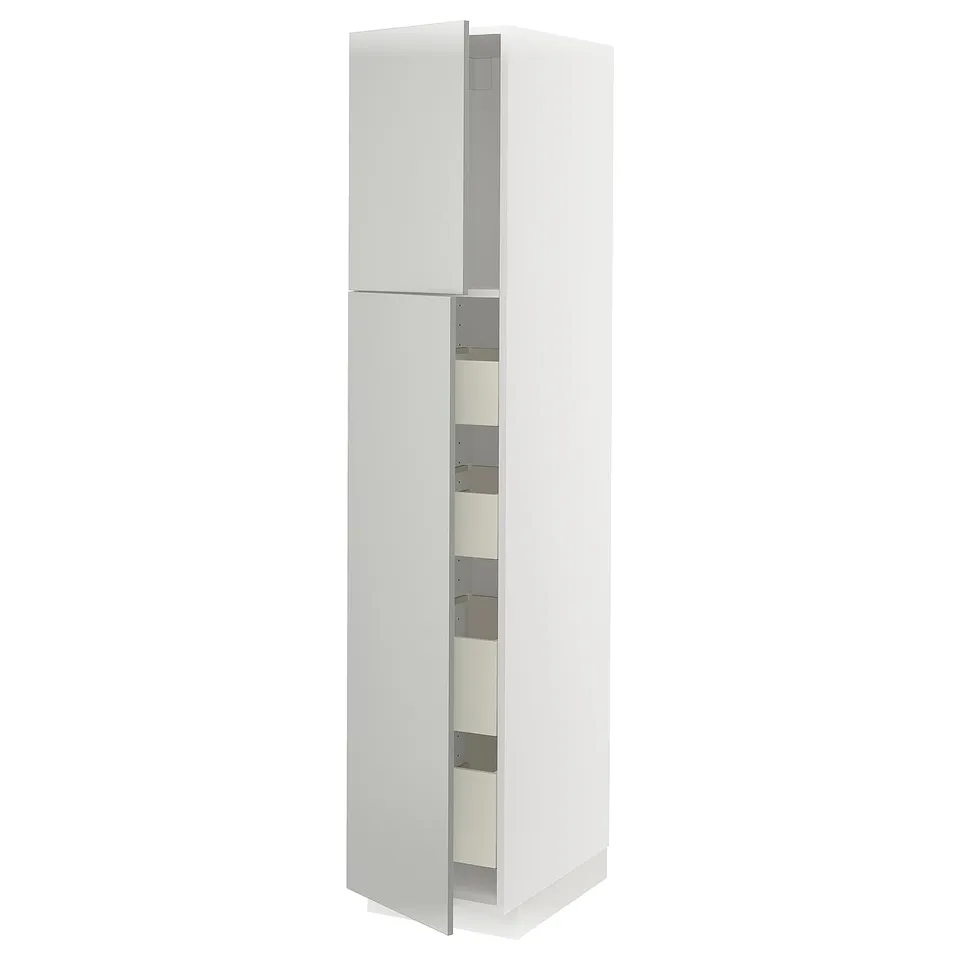 A white METOD tall kitchen cabinet with a modern, minimalist design. It has a rectangular shape and multiple shelves inside.
