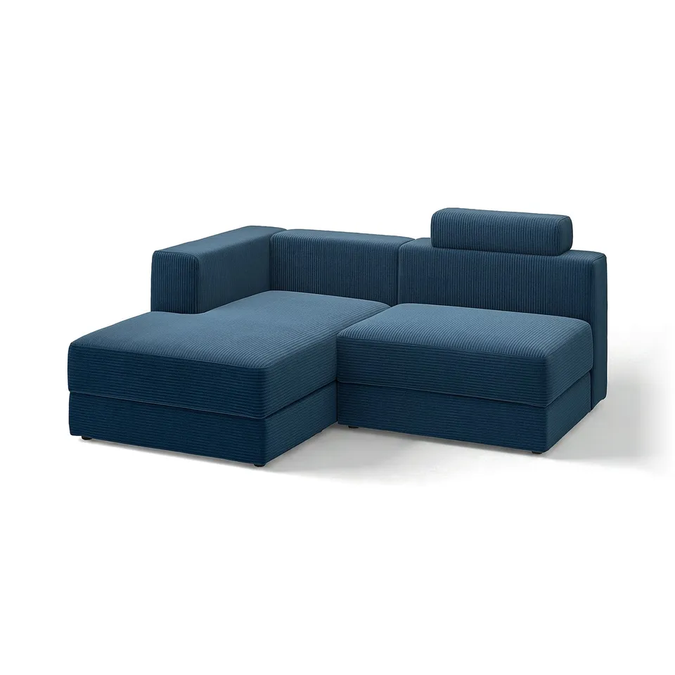 Modern teal modular sofa with rectangular shape and textured fabric.