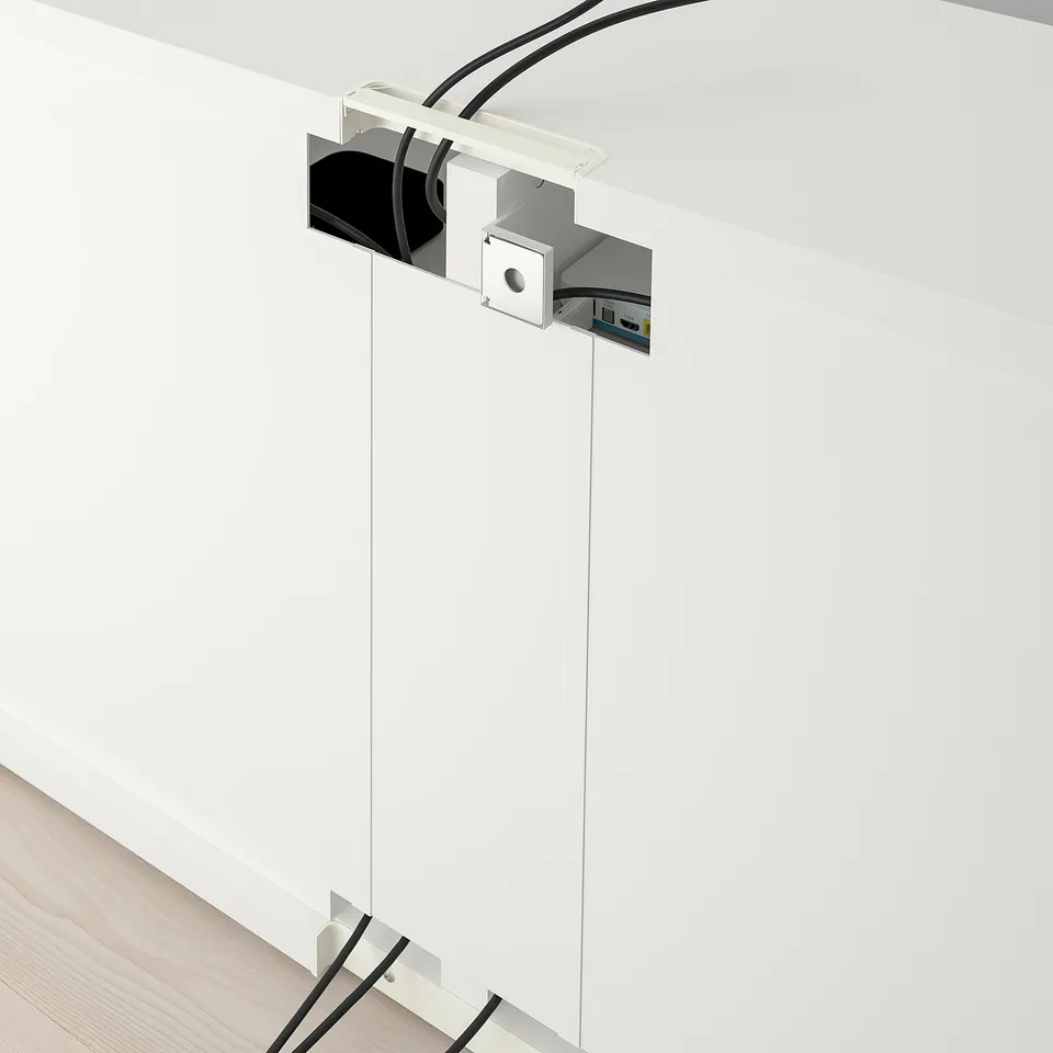 Tv bench with adjustable shelves, cable management, and wall fastener.