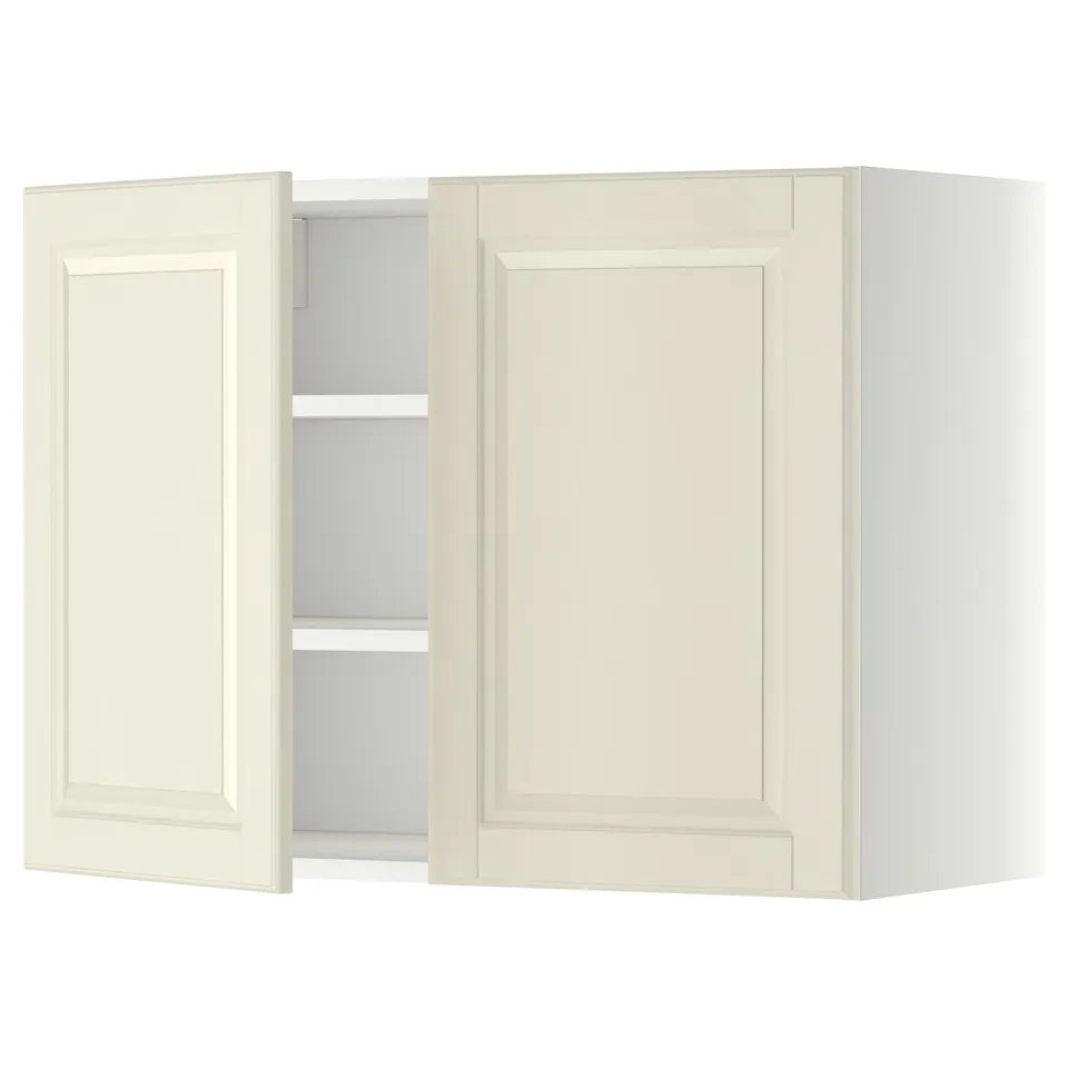 METOD off-white kitchen cabinet, square, two doors, beige shade, wooden texture.