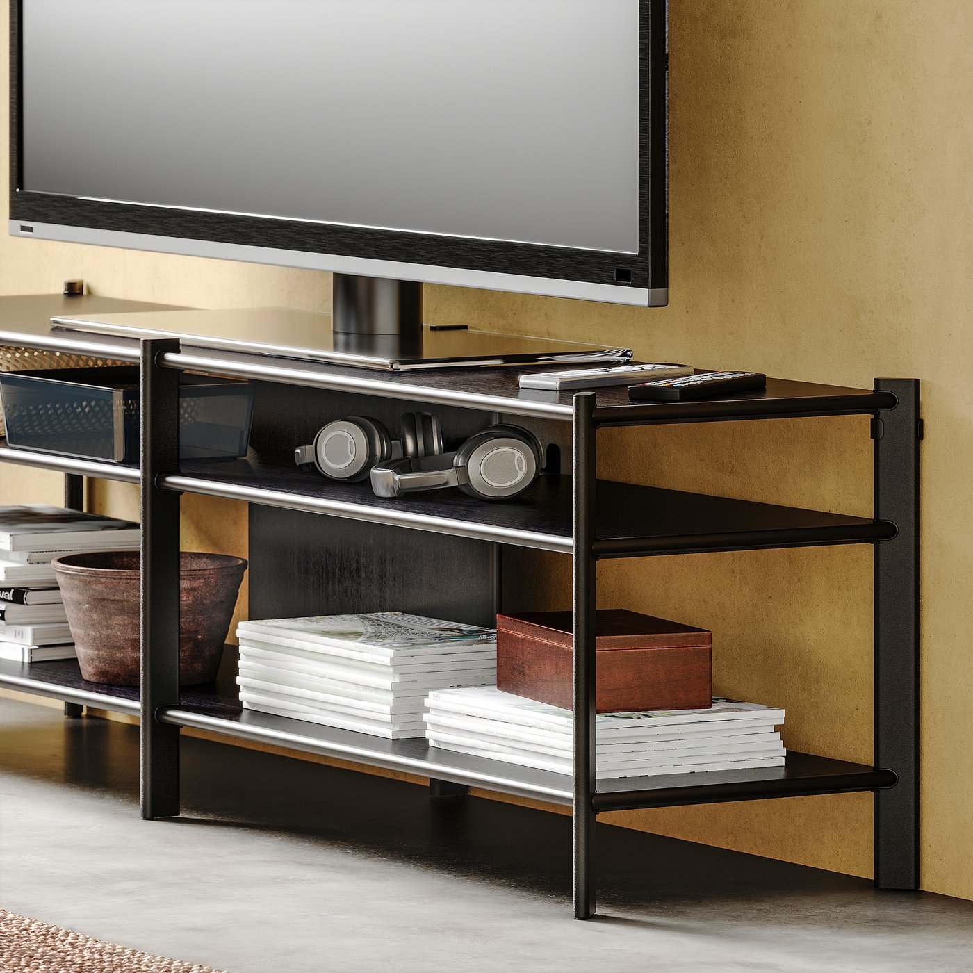 Modern tv stand, JÄTTESTA, black & bamboo, sleek design, stores & displays items, sturdy & stylish.
