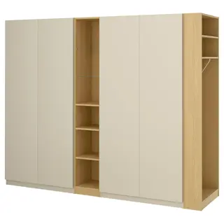 PAX / FORSAND wardrobe combination, grey-beige grey-beige/oak effect, 255x60x236 cm