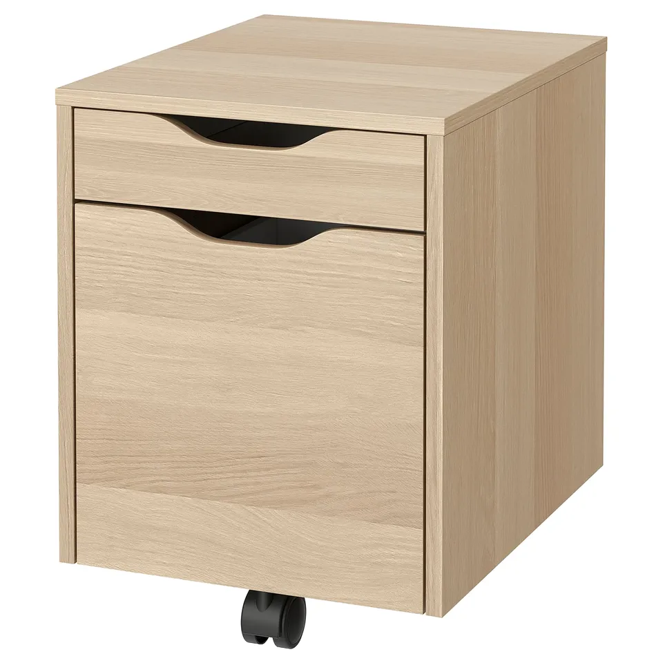 An ALEX light brown wooden mobile filing cabinet with two drawers on casters.