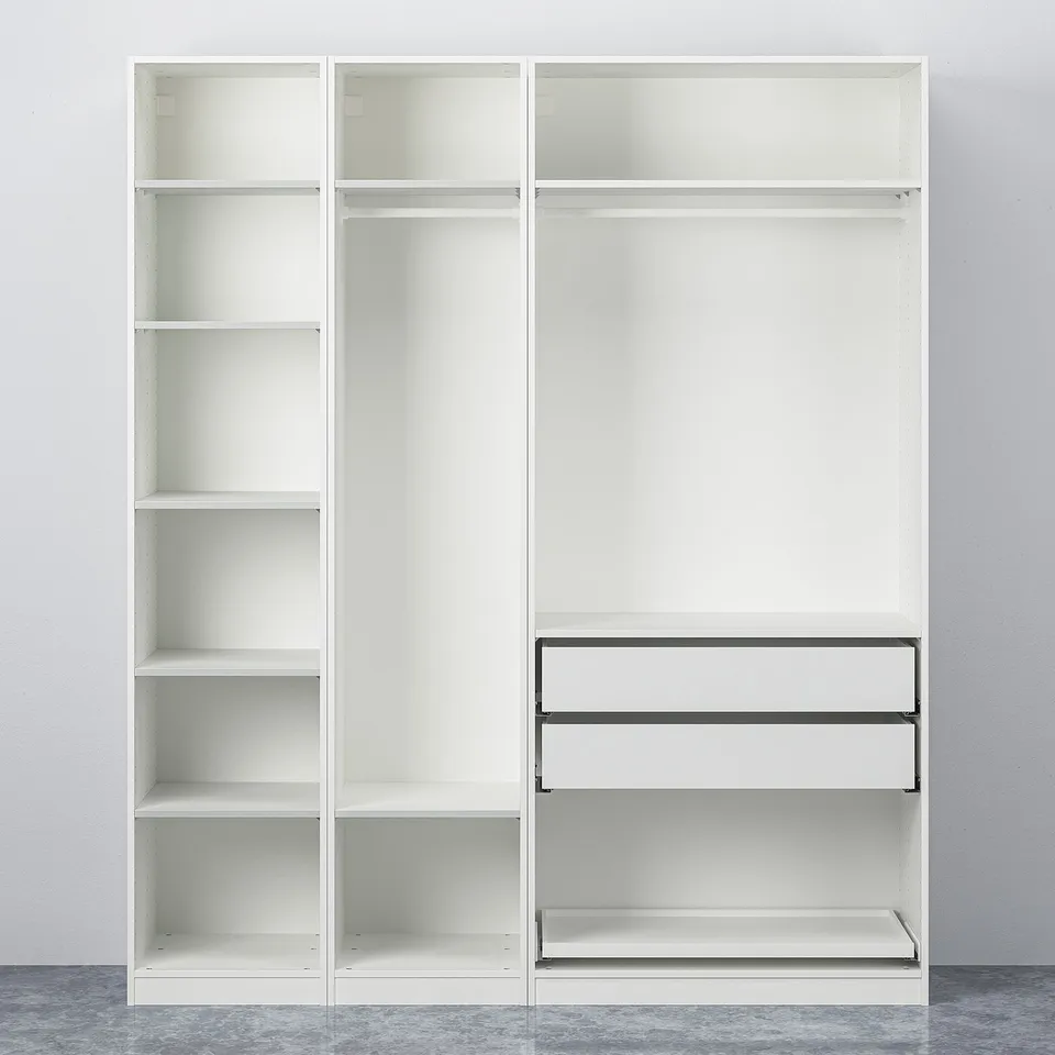 White PAX storage unit with four shelves and hanging space.