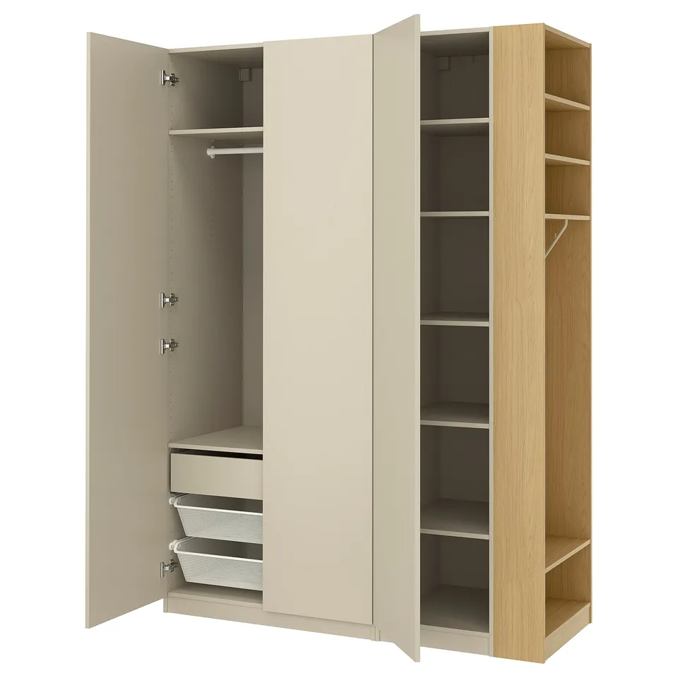 PAX / FORSAND Wardrobe combination, grey-beige grey-beige/oak effect, 170x60x236 cm