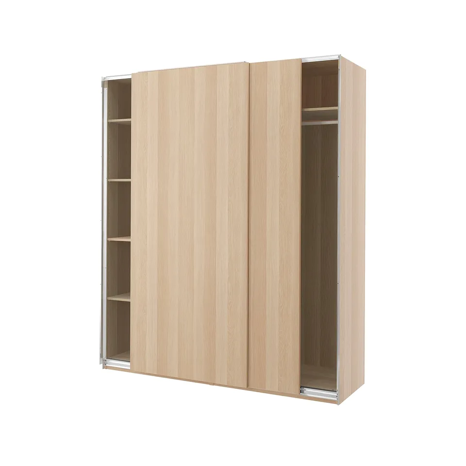 A light wood-colored, sliding door wardrobe named PAX. It a minimalist design with adjustable feet, sliding doors, and a 10-year guarantee.