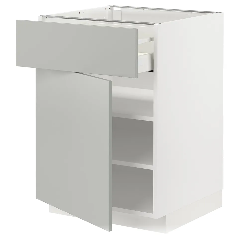 Modern kitchen cabinet in light grey, rectangular with a single pull-out drawer and open shelf, made from particleboard and metal.