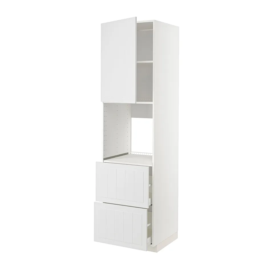White METOD kitchen unit with cabinets and drawers, vertical design.
