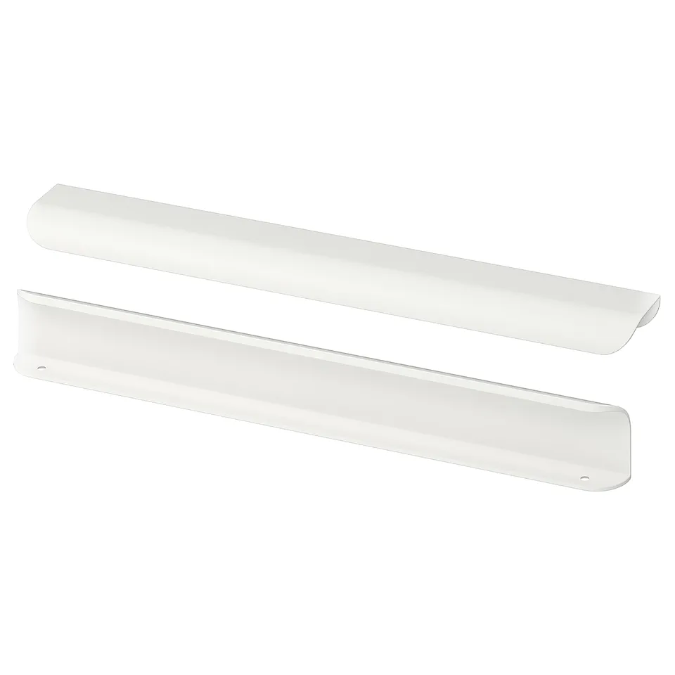 Two white BILLSBRO handles, simple, minimalist design, made of aluminium with powder coating, laid side by side.