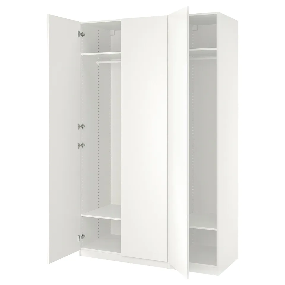 White ikea PAX wardrobe with open doors, featuring shelves and rails.