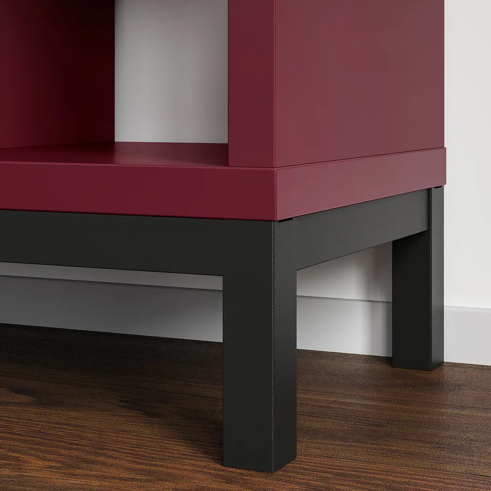 Modern shelving unit with dark red finish and black legs. Shows sturdy construction and elegant design.