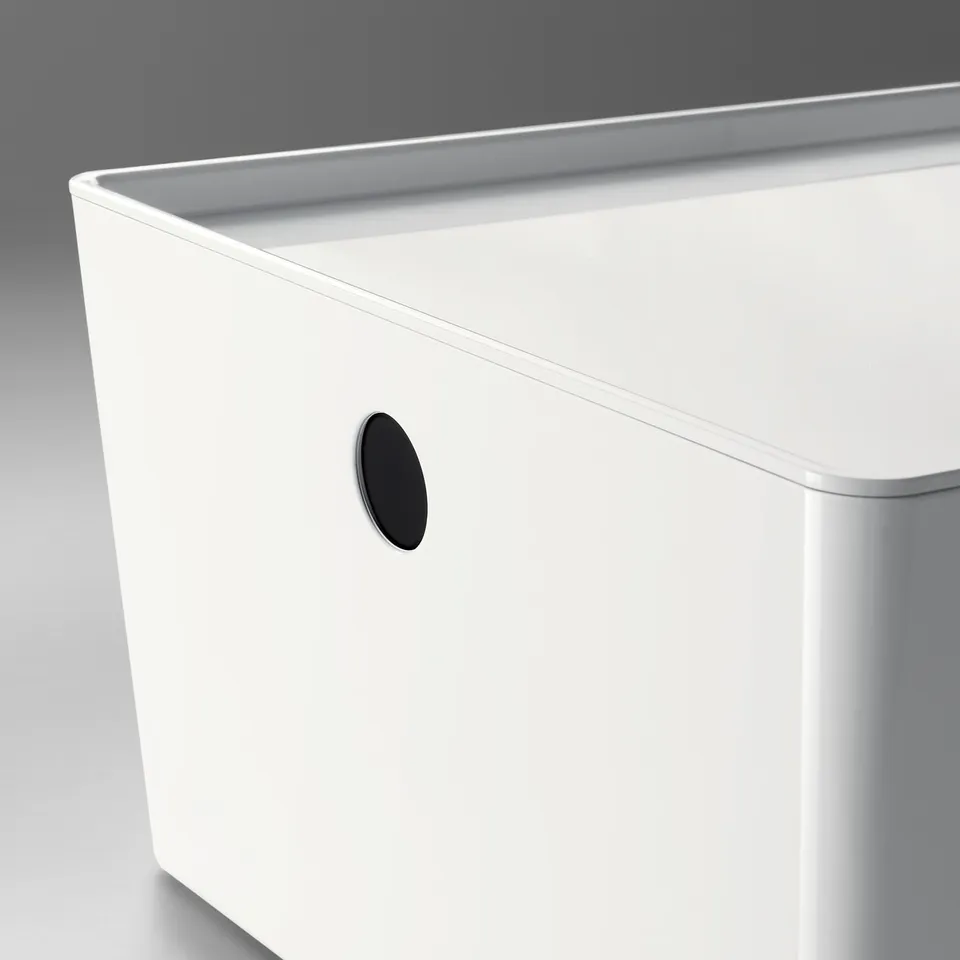 Modern white storage box with sleek, round black handle, high-quality and minimalist design.