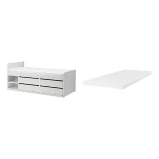 SLÄKT/ÅRBERGET set: bed frame w storage+slatted bedbase + natural latex mattress