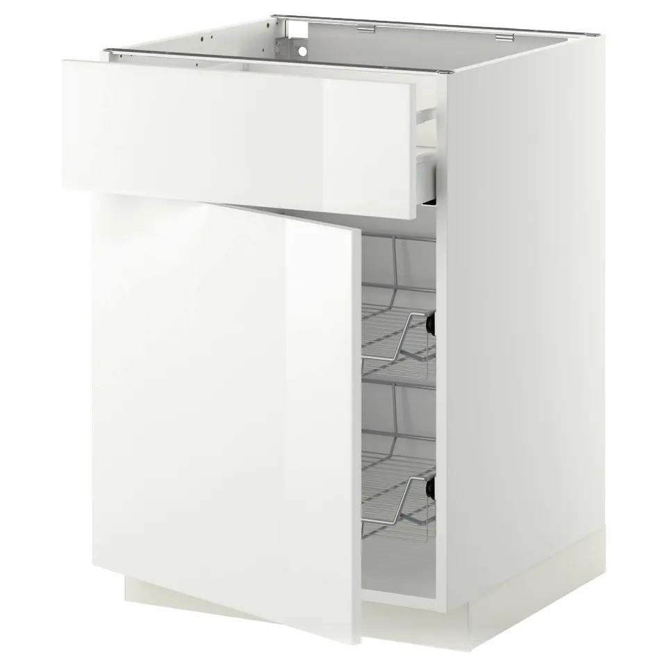 A white METOD kitchen cabinet with a glossy finish. It has a medium drawer with wire racks and a solid back.