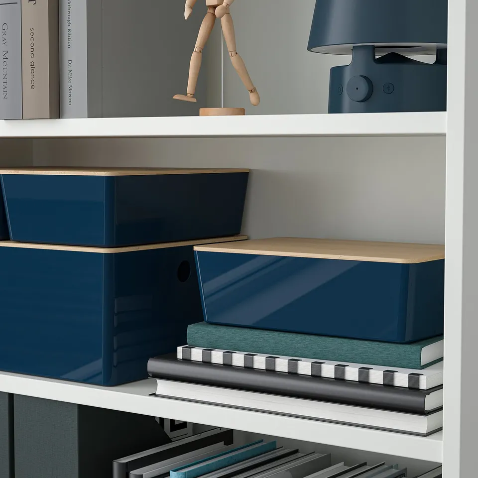 White shelves with blue plastic boxes and a wooden figure, likely used for organising and storing items like office supplies or media gadgets.