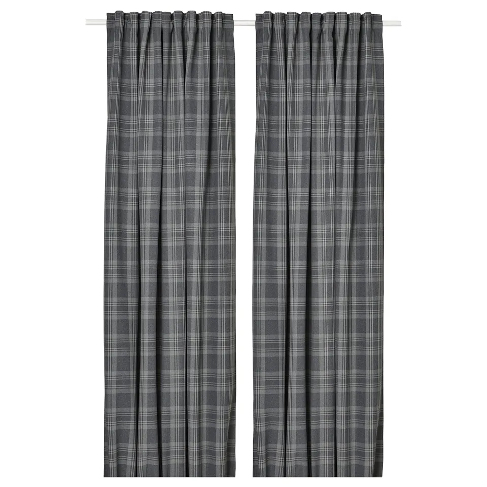 HÄGGVECKMAL dark grey plaid curtains, made from recycled polyester, hang straight with rod pocket heading.