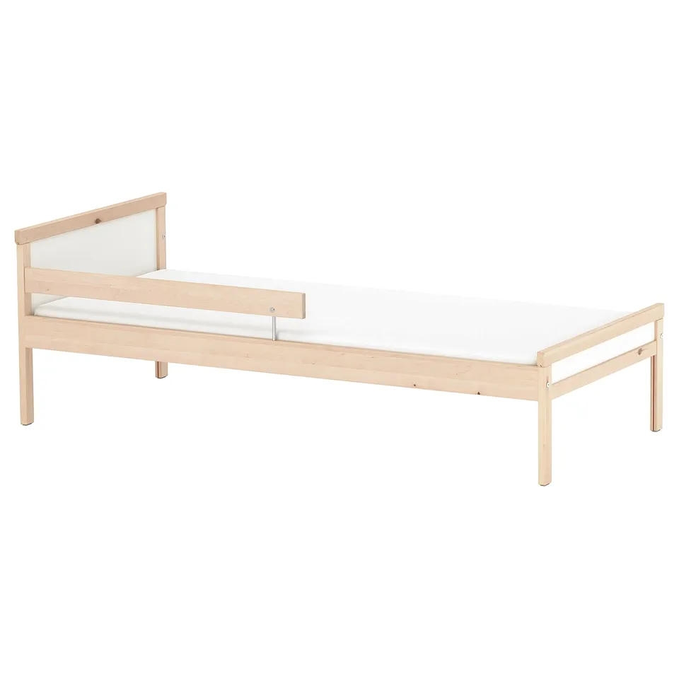 SNIGLAR: simple, light wood childrens bed. Natural finish, clean lines, protective headboard.
