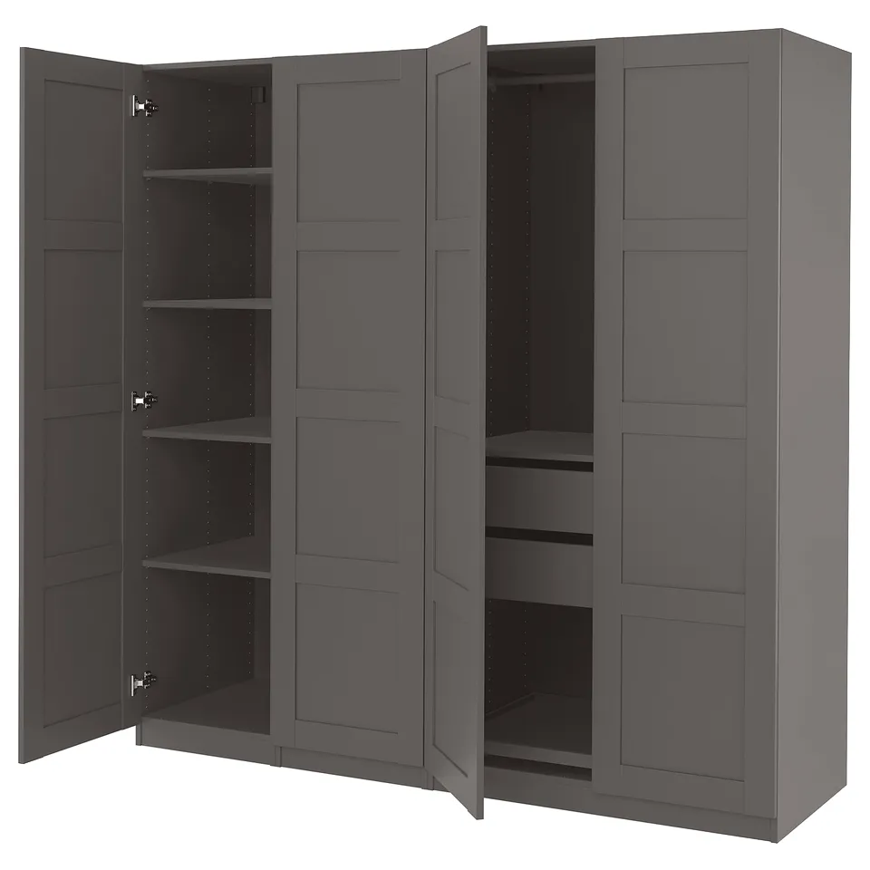 Dark grey PAX wardrobe, open showing shelves; modern, rectangular, panel design.