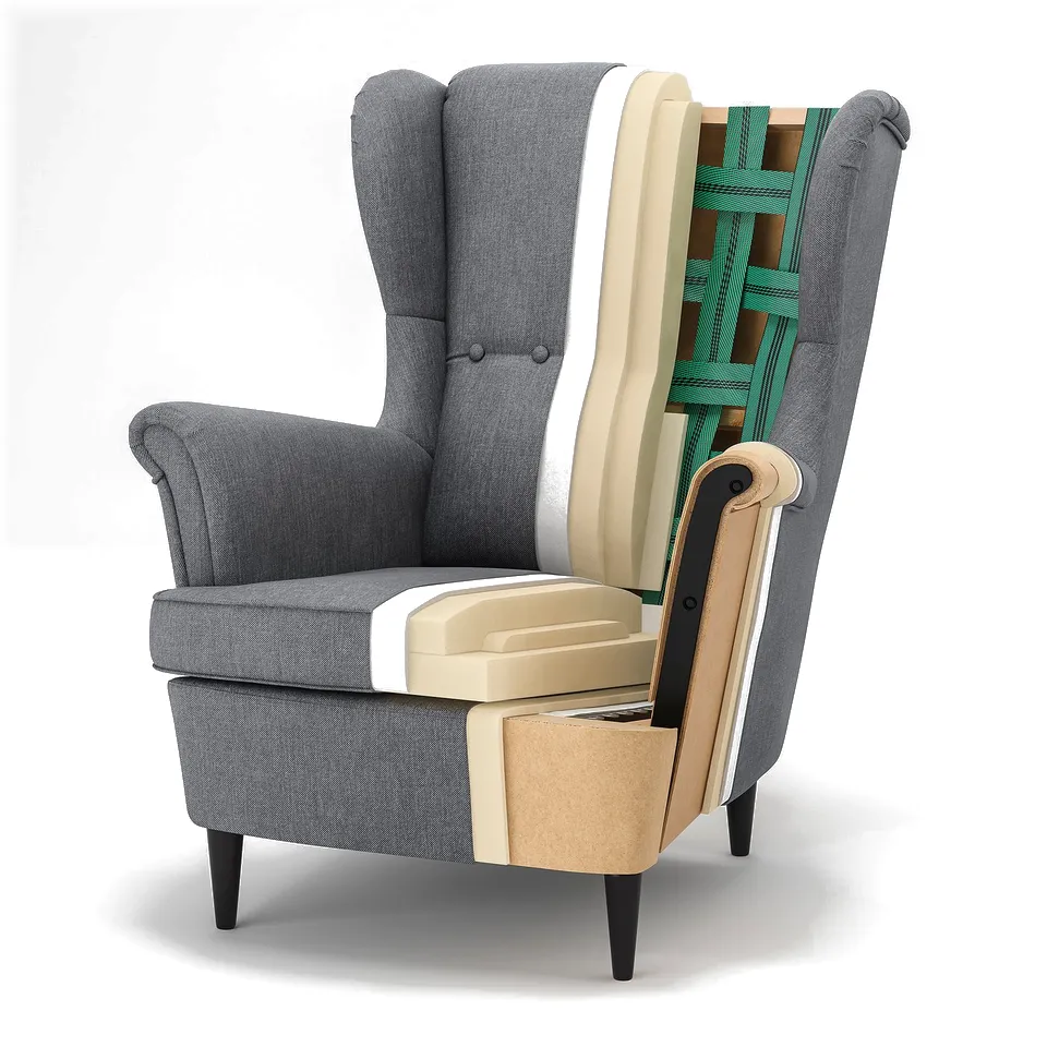 High-back armchair with materials: polyester, fabric, elastic, plywood, foam, particleboard, wood.