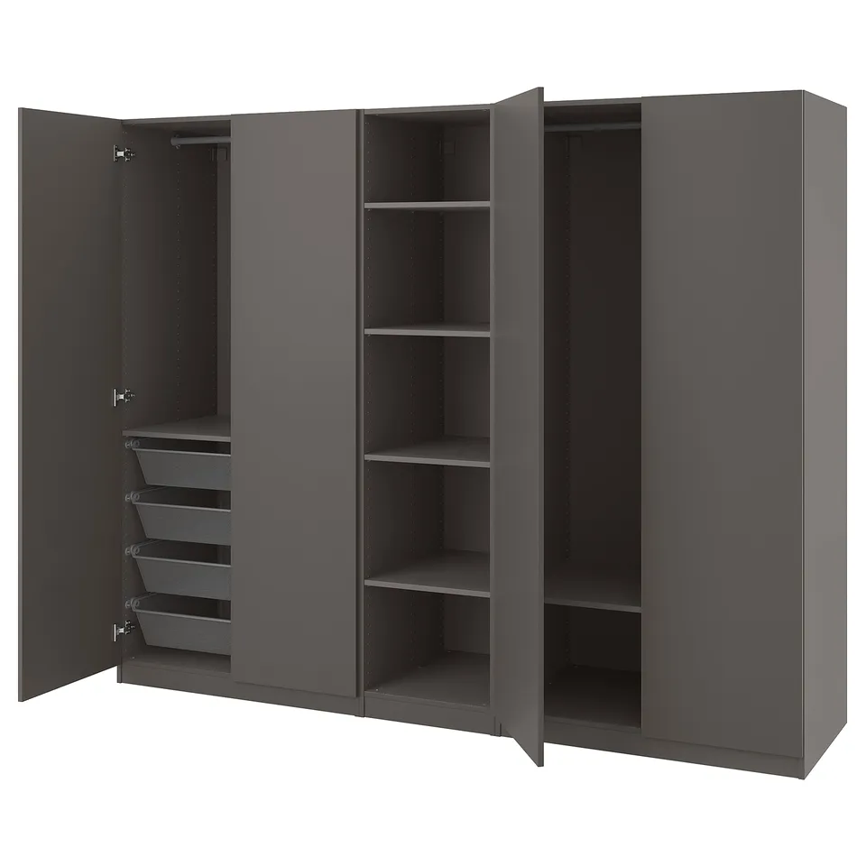 Dark grey PAX wardrobe with open doors, shelves, and mesh drawers.