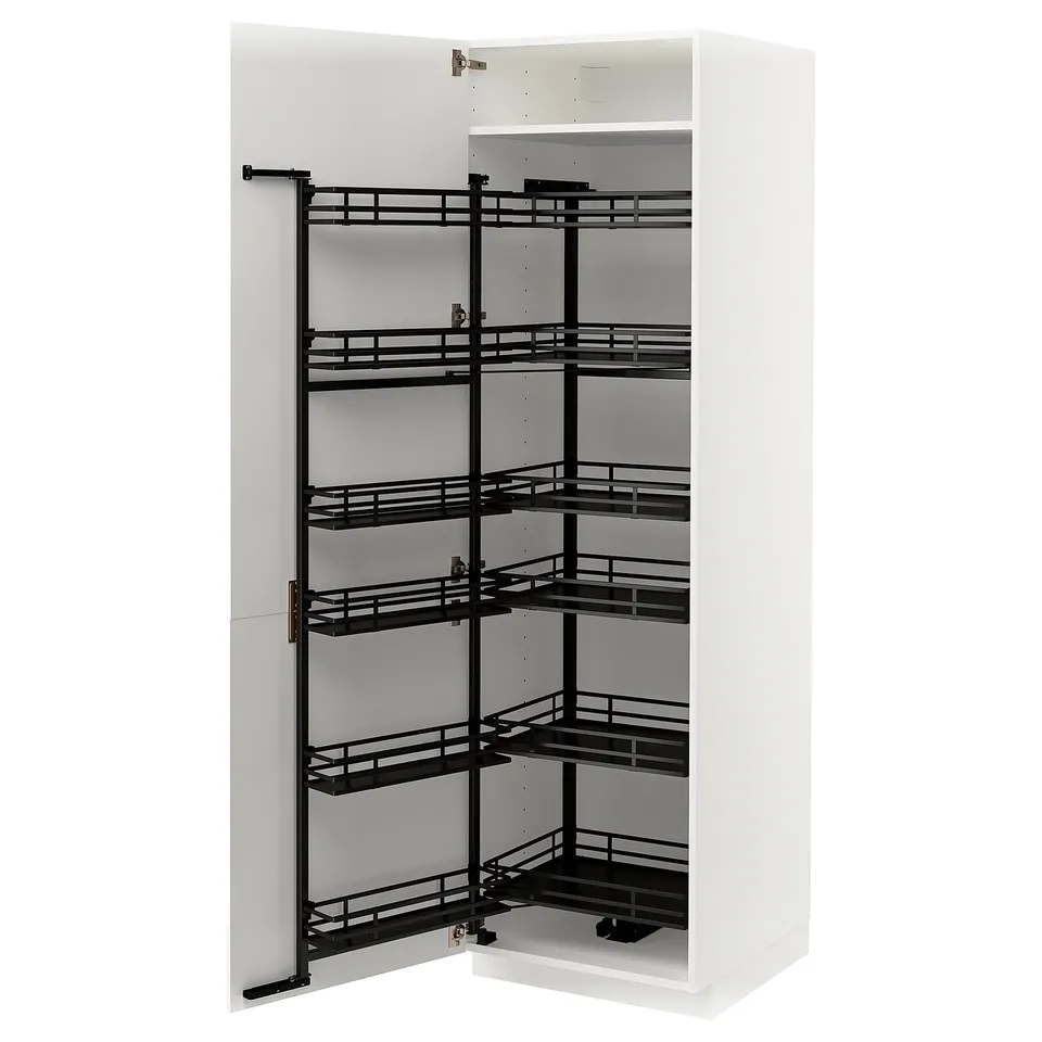 A white METOD cabinet with black pull-out shelves.