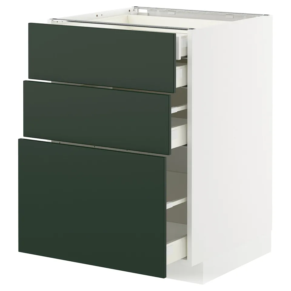 A modern kitchen cabinet with three dark green drawers and a white base. Its part of the METOD kitchen system with sleek, contemporary design.
