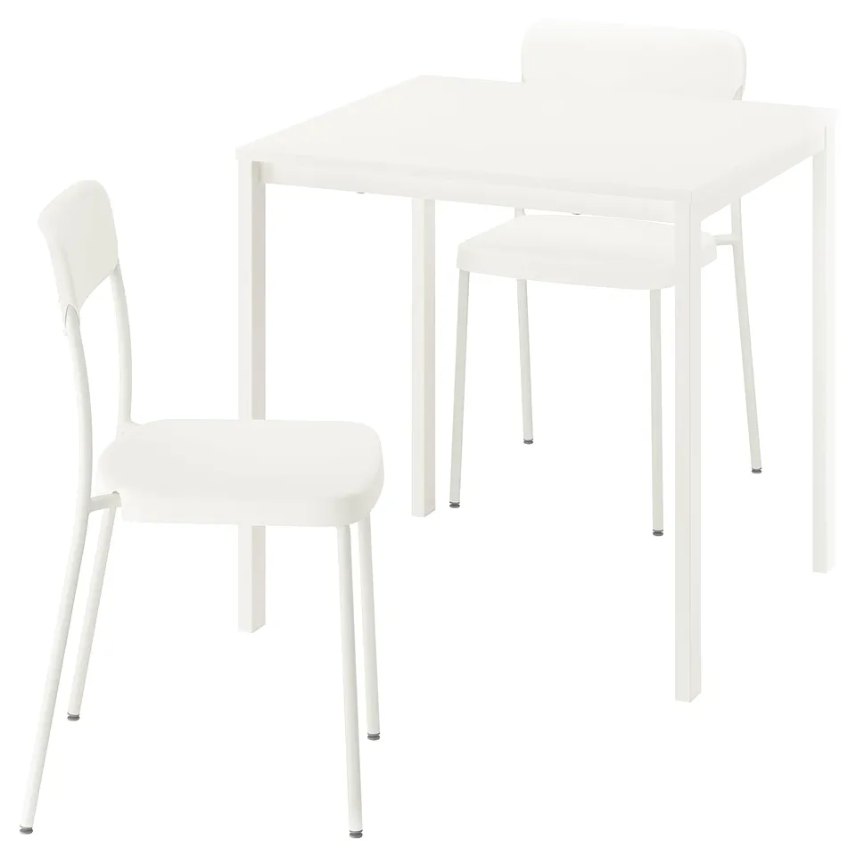 Three-piece white VIHALS dining set including rectangular table and two stackable chairs, modern minimalist design.