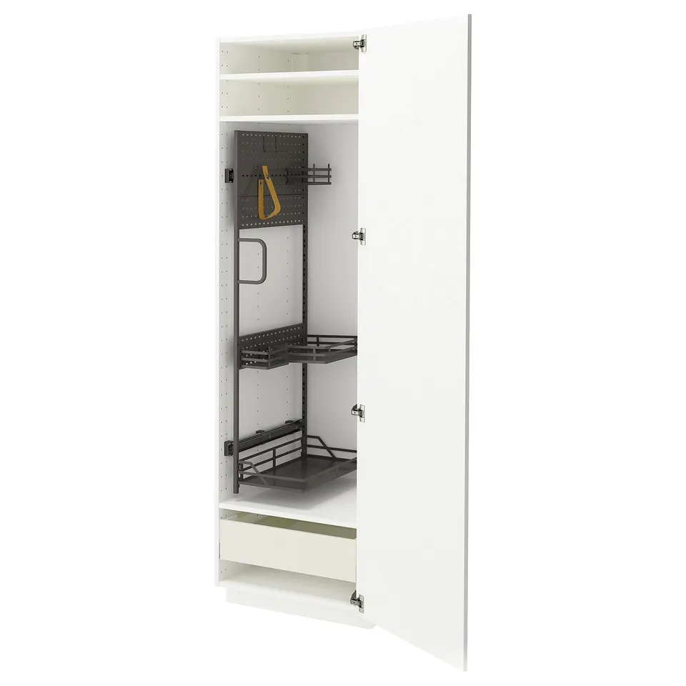 White METOD kitchen cabinet with pull-out organisers and steel hardware.