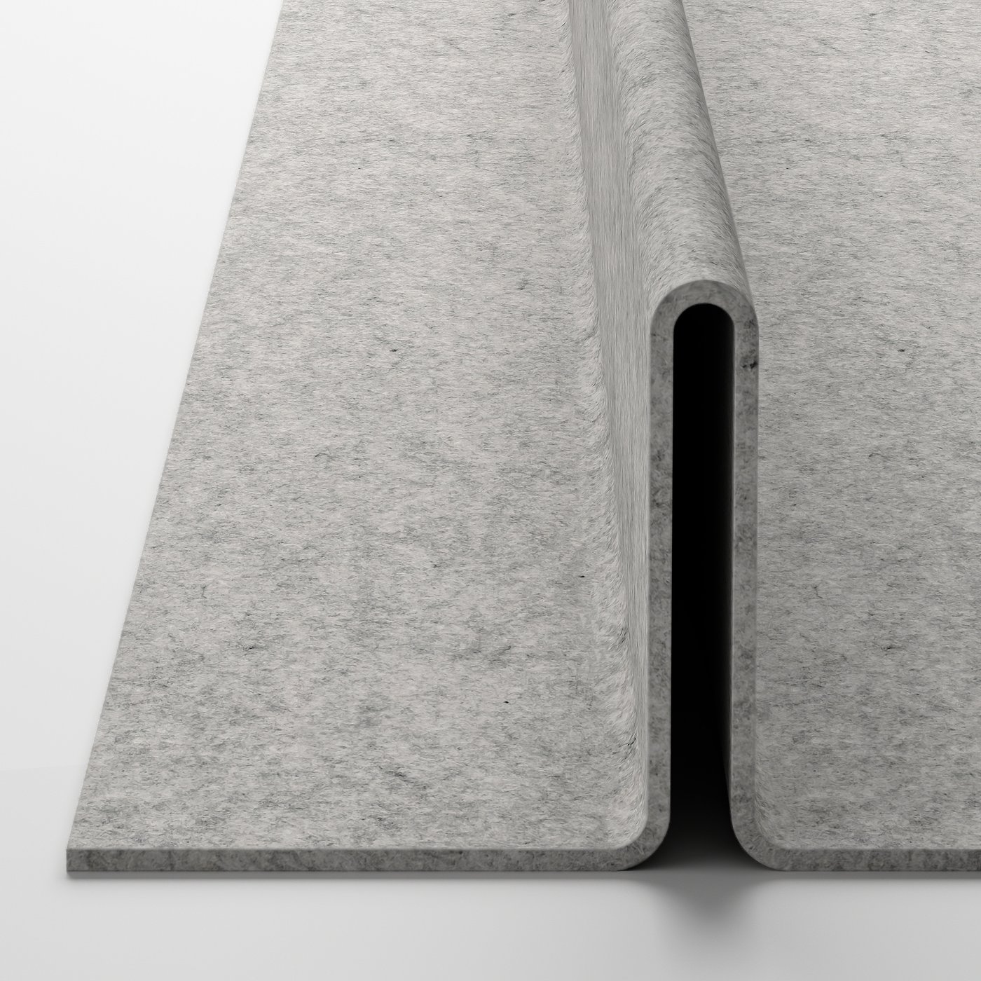 Close-up of grey fabric tray with curved edge & silent pull-out feature.
