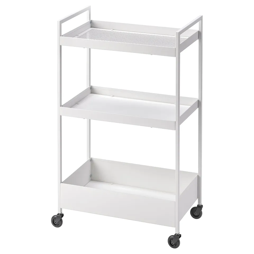 NISSAFORS white 3-tier storage trolley on wheels; metal, rectangular, minimalist design.