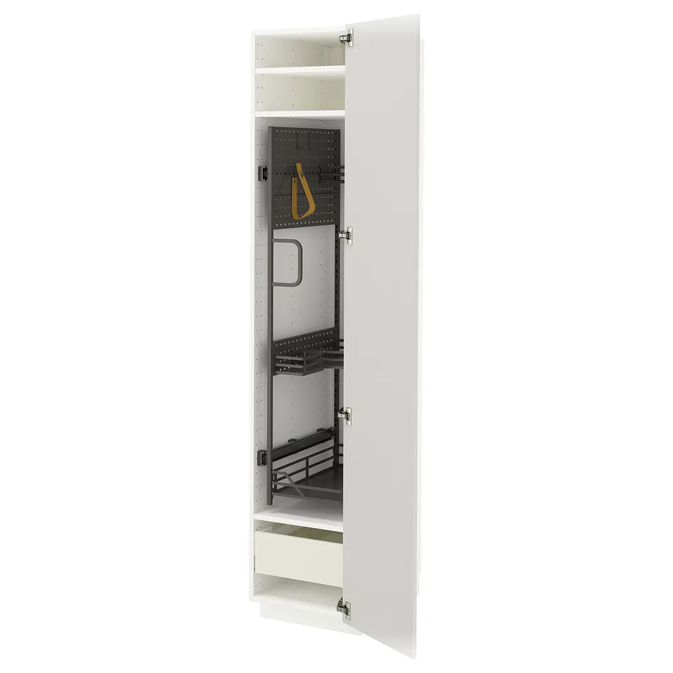 METOD white high cabinet, glossy grey interior, steel and particleboard, 3 shelves, pull-out organiser.