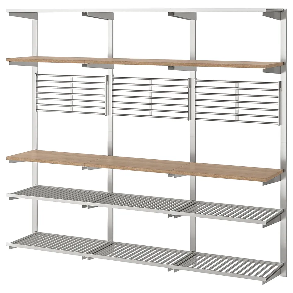 KUNGSFORS shelf - stainless & wood, wall-mounted, modular design for kitchen storage.