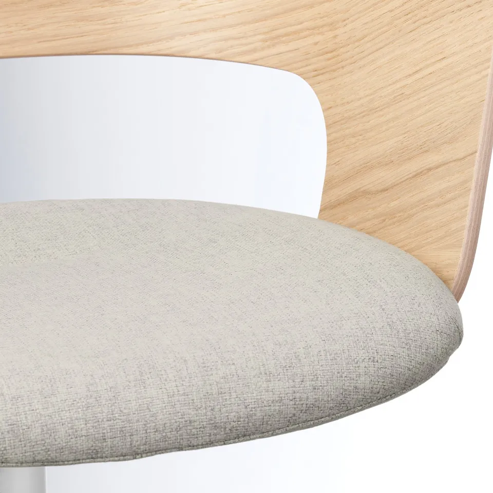 Close-up of a sleek, modern chair with light wooden backrest and plush beige cushion, showcasing high-quality design and comfort.