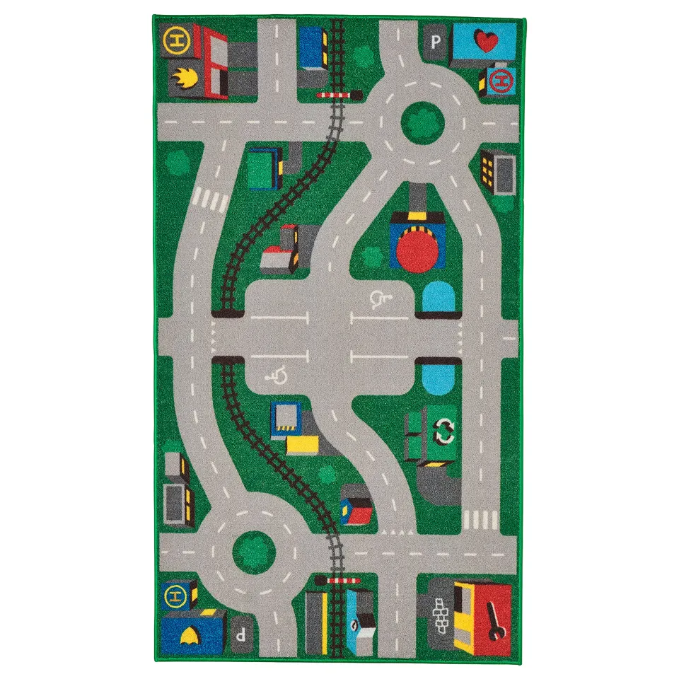 LILLABO play rug: grey roads, green borders, city scenes, rubber base.