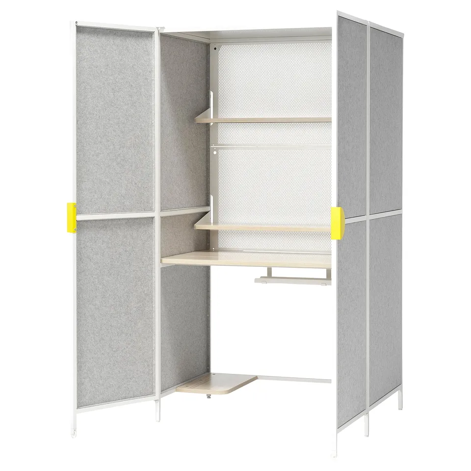 BRÄNNBOLL gaming station with grey felt sides, yellow handles, and a desk for gaming setup.