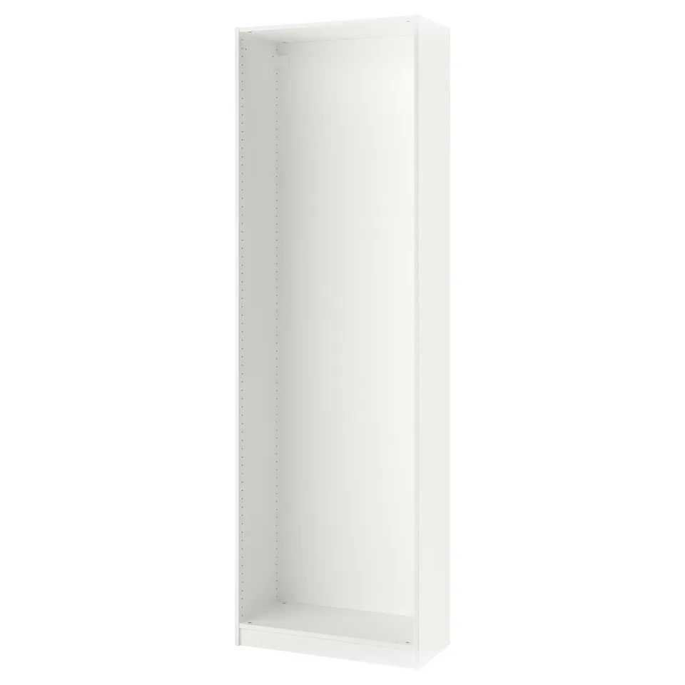A white PAX wardrobe frame, slim and versatile for space-saving, with a minimalist design.