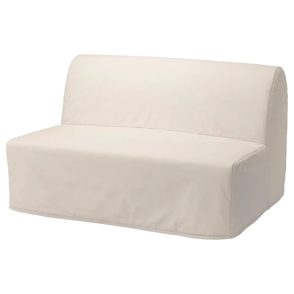 A LYCKSELE MURBO beige sofa-bed with a smooth, curved design and cotton cover. It easily converts from a sofa to a double bed.