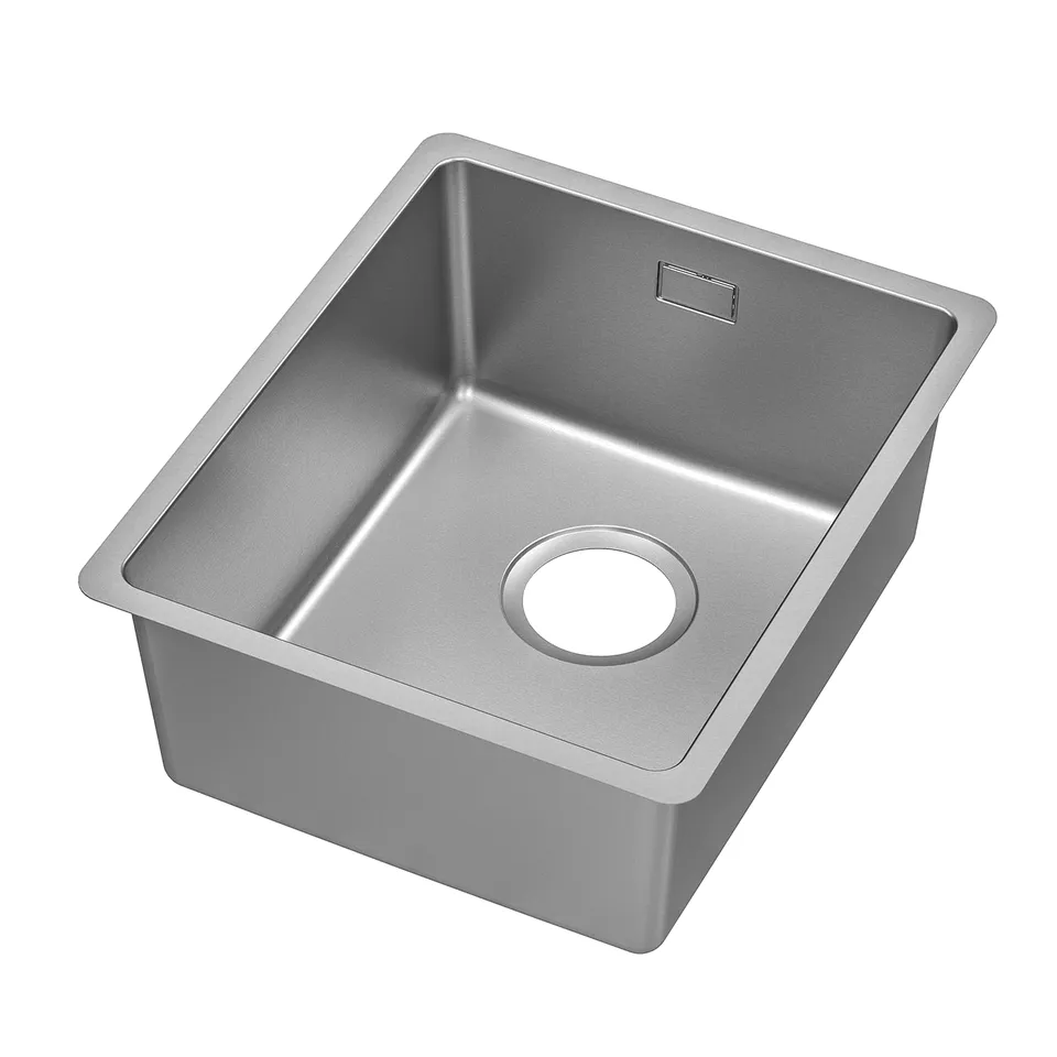 Stainless steel VRESJÖN sink, square shape, sleek design, slim rim, small radius corners.