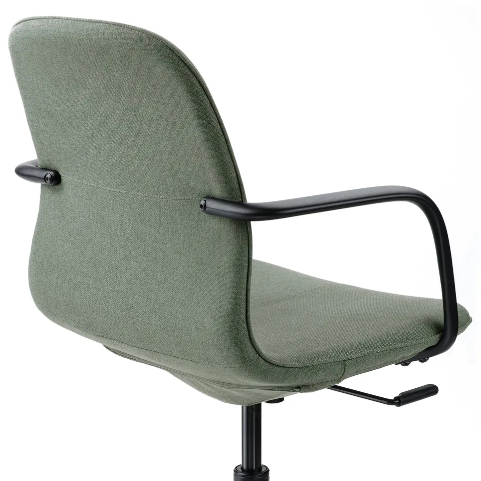 Modern office chair with green fabric, armrests, and height-adjustable seat.