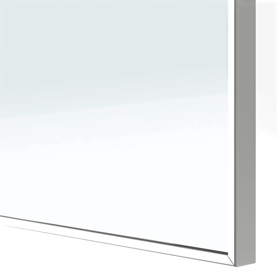 Close-up of STRAUMEN mirror door edge, showcasing sleek, polished aluminium frame and clear reflective glass.