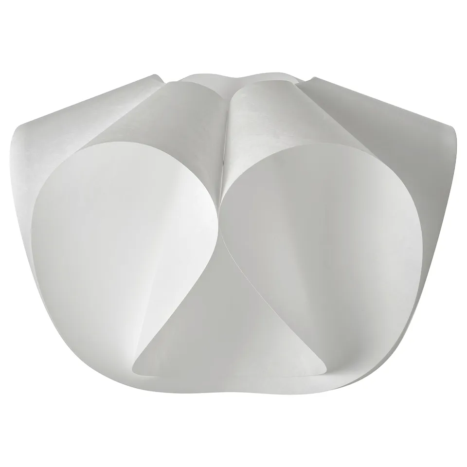 Flower-like lamp shade, white, soft synthetic material, recyclable, elegant design.