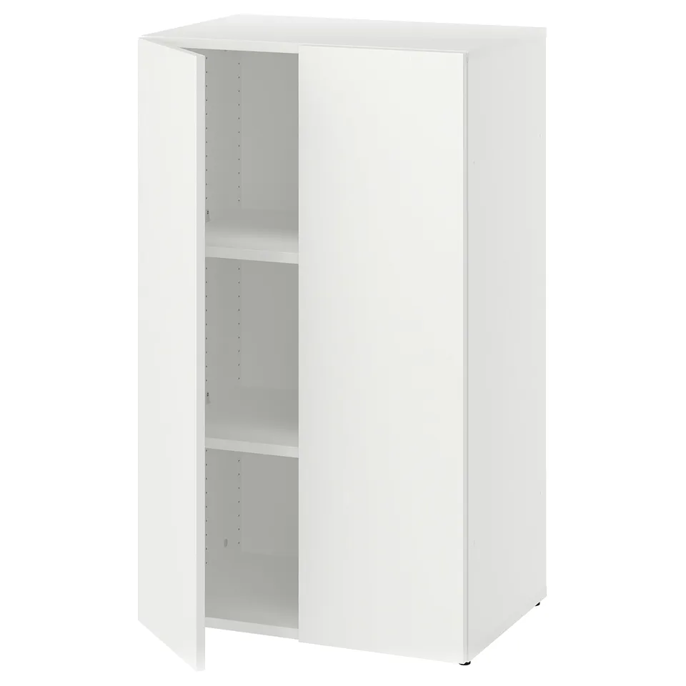 White platsa unit, rectangular, open storage, adjustable feet.