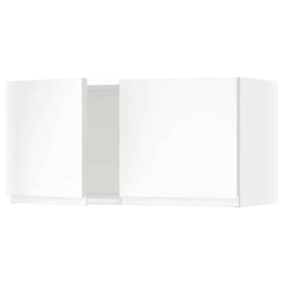 Minimalist white kitchen cabinet with modern design. High gloss finish, rectangular shape, and sleek integrated handles.