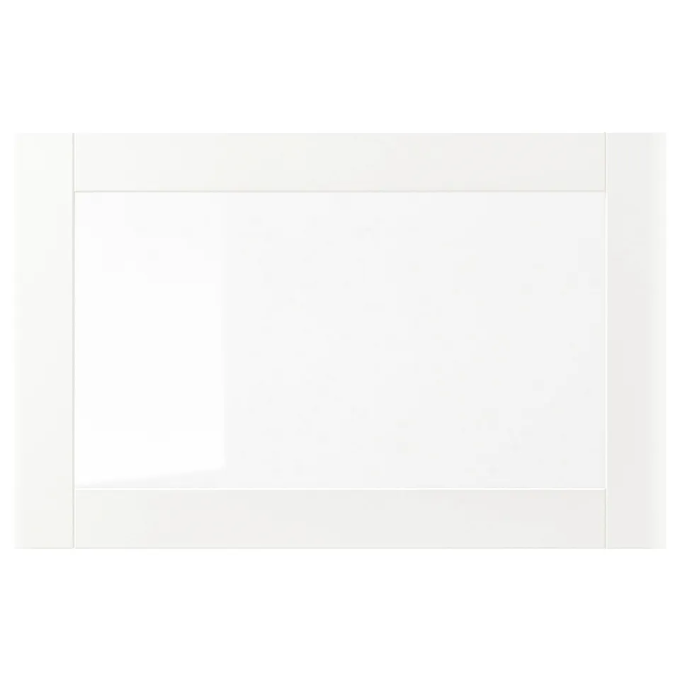 A white SINDVIK storage unit featuring clear glass front panels, combining sleek design with functionality for dust-resistant storage.