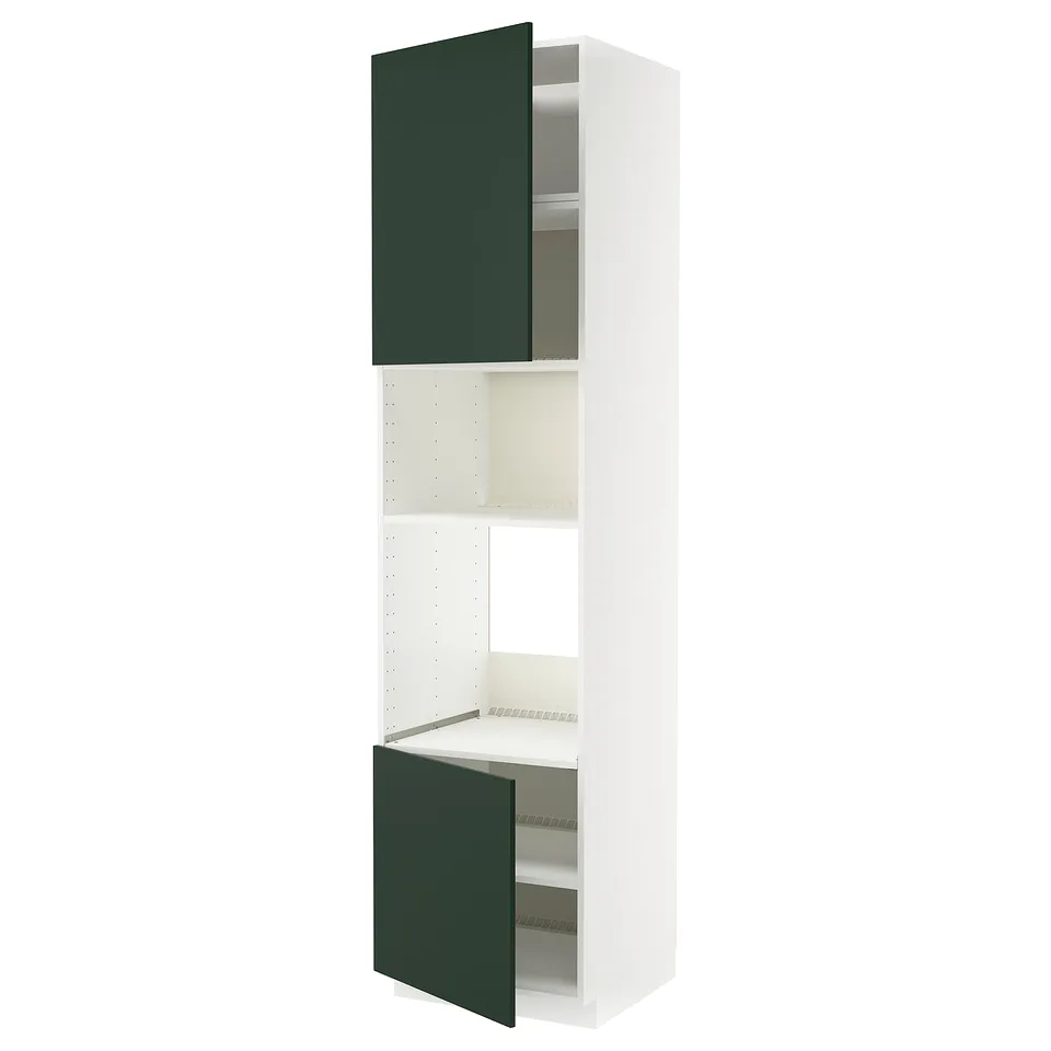 A tall METOD kitchen cabinet with green doors, open shelves, 25-year guarantee.